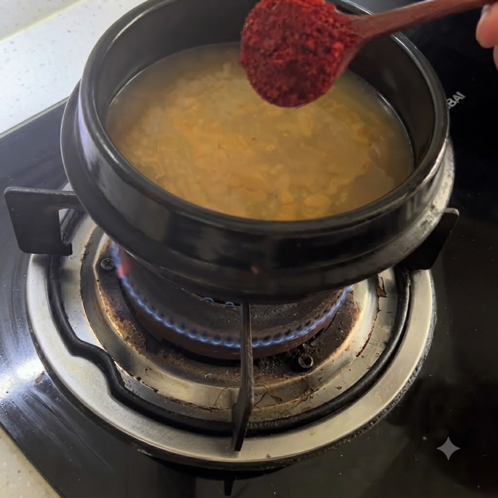 Ein Holzlöffel mit rotem Chilipulver über einem Topf mit gewürzter Brühe.