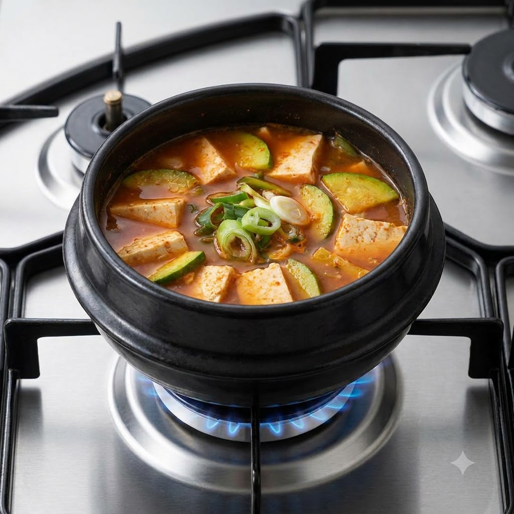 Nahaufnahme eines Topfes voller Suppe mit geschnittener Zucchini, Tofu und einem zentralen Hügel aus gehackten Frühlingszwiebeln und Chilis.