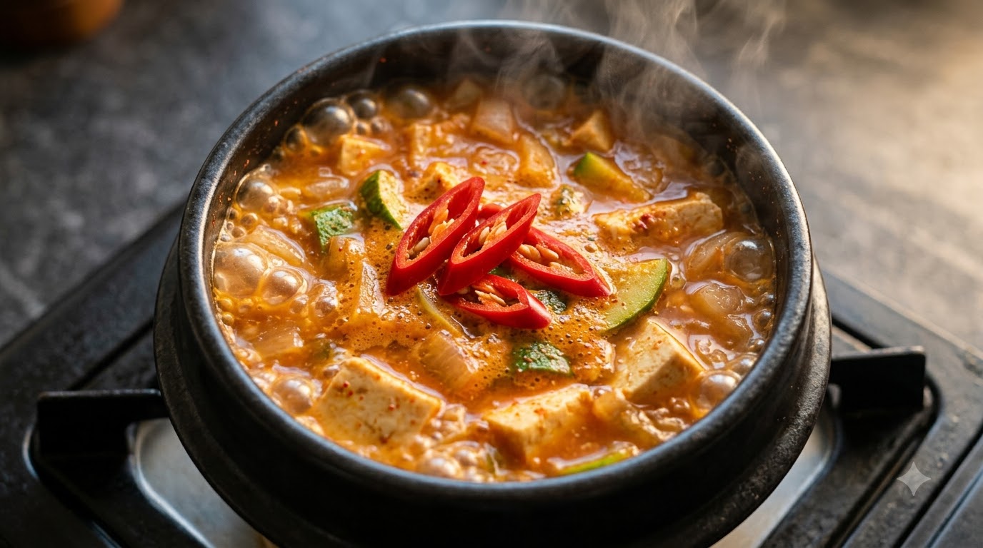Ein köchelnder Steintopf mit koreanischem Sojabohnenpasten-Eintopf, reichhaltig gefüllt mit Tofu, Zucchini und leuchtend roten Chilis.
