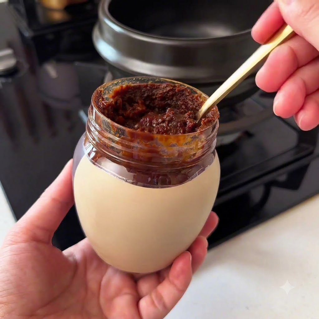 Ein Löffel fermentierte Sojabohnenpaste wird über einen leeren schwarzen Steintopf gehalten.