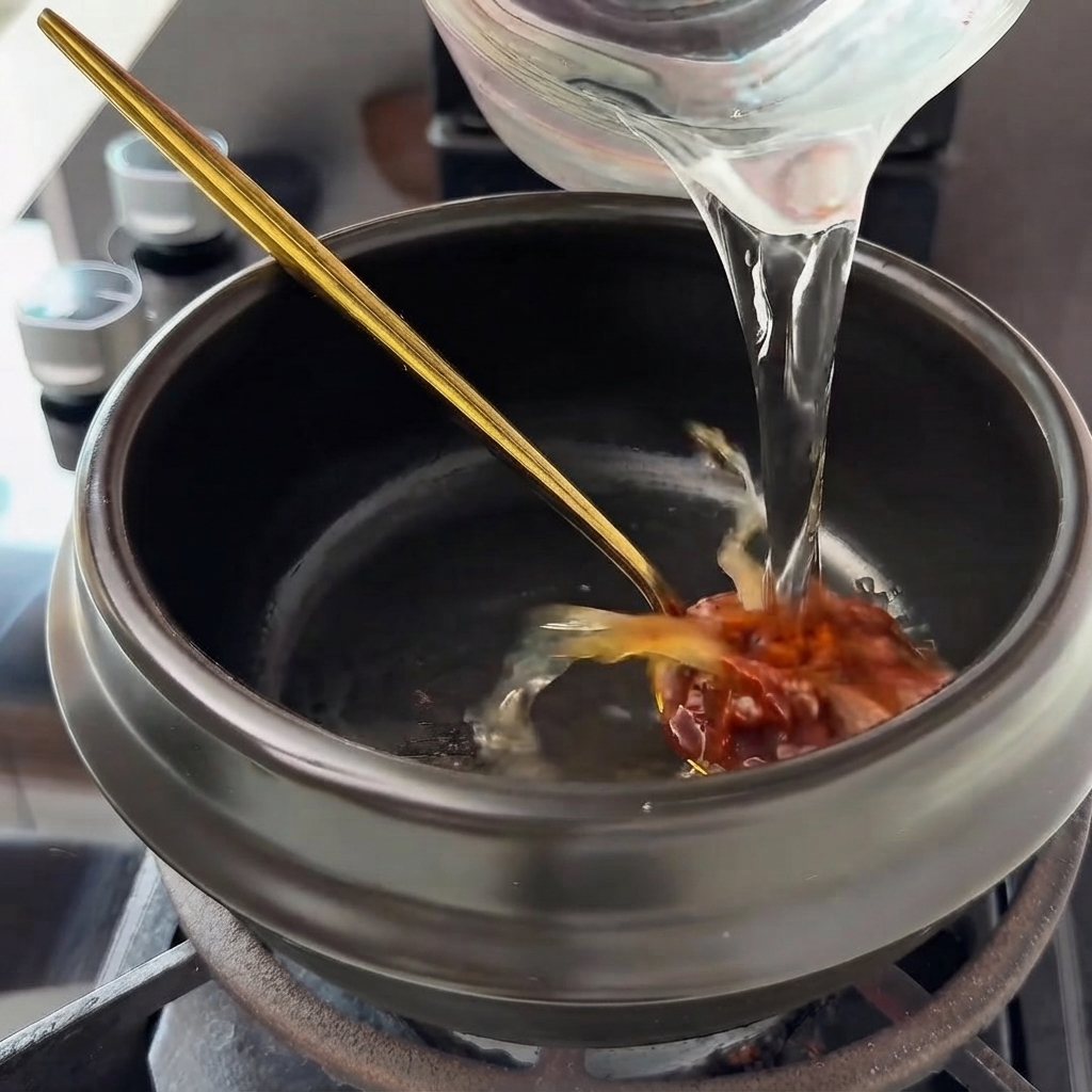 Klares Wasser wird aus einem Messbecher in einen Topf mit Sojabohnenpaste gegossen.