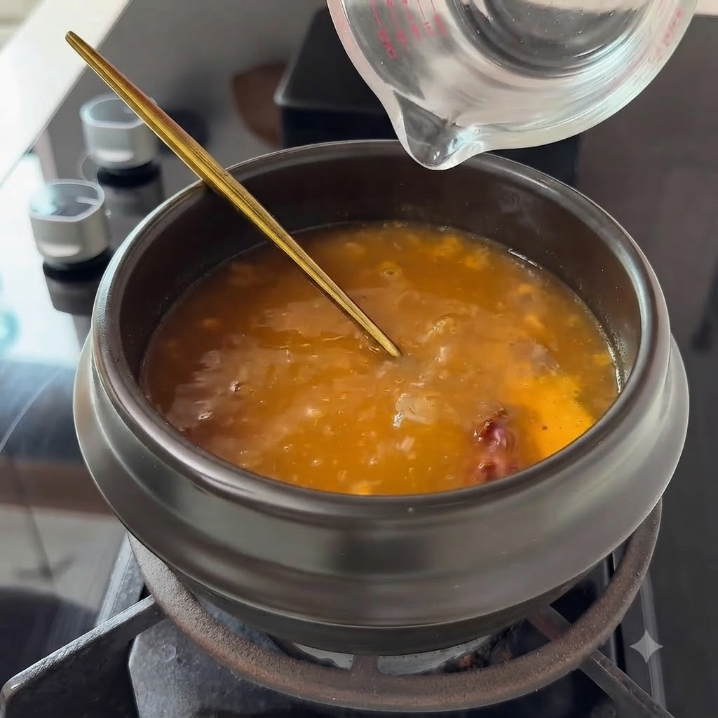 Ein Paar goldene Essstäbchen rühren Sojabohnenpaste in Wasser in einem Keramiktopf um.