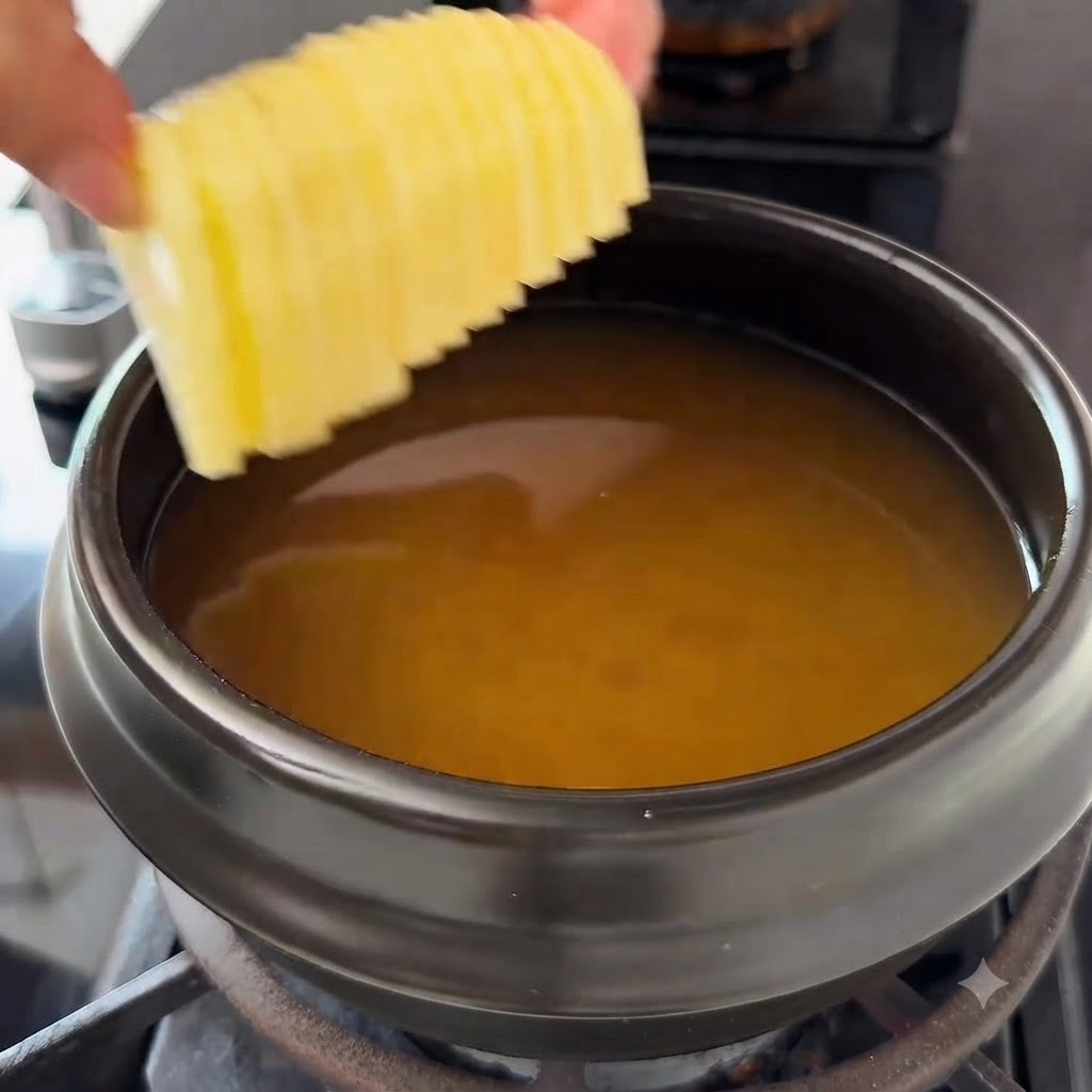 In Scheiben geschnittene Kartoffeln und Shiitake-Pilze werden in den Brühtopf gegeben.