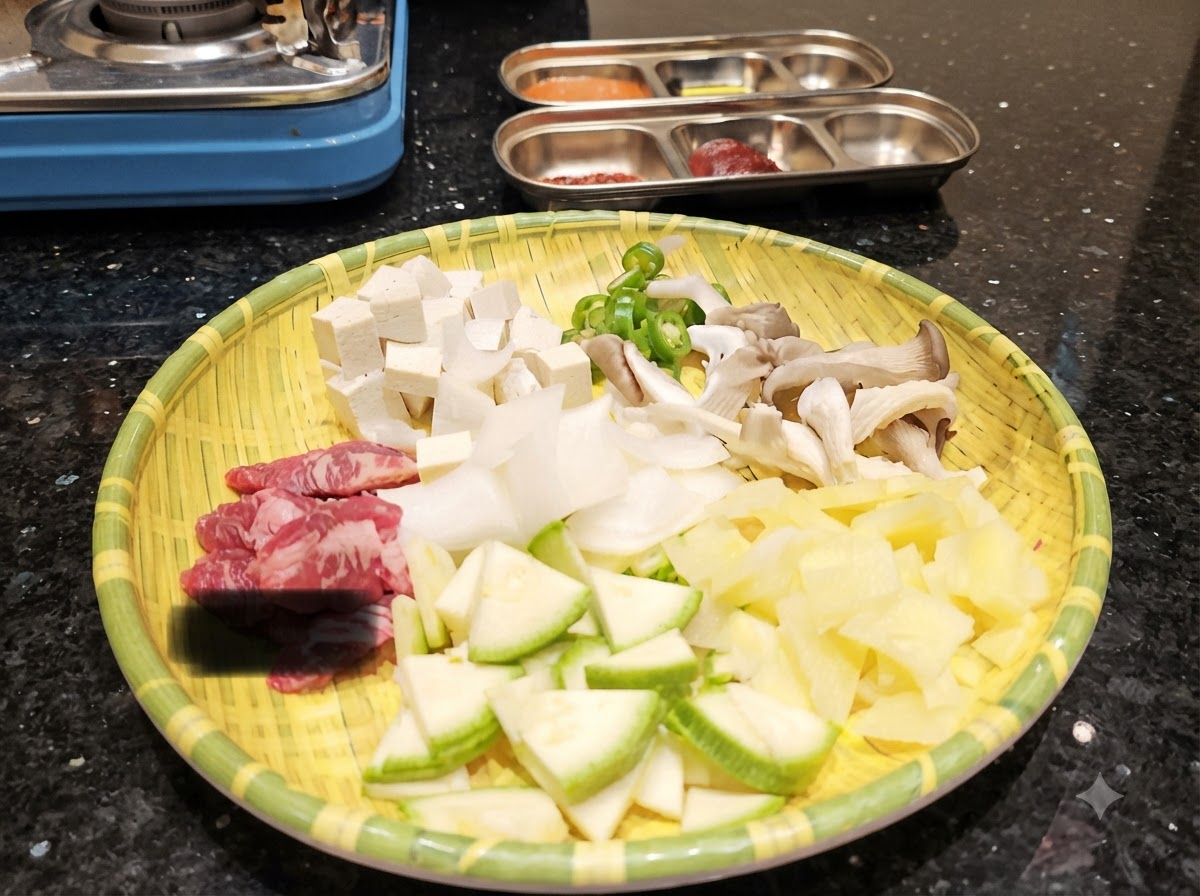 Ein rundes geflochtenes Tablett mit vorbereiteten Zutaten: gewürfeltem Tofu, in Scheiben geschnittener Zucchini, Pilzen, Kartoffeln, grünen Paprikaschoten und rohen Rindfleischstückchen.