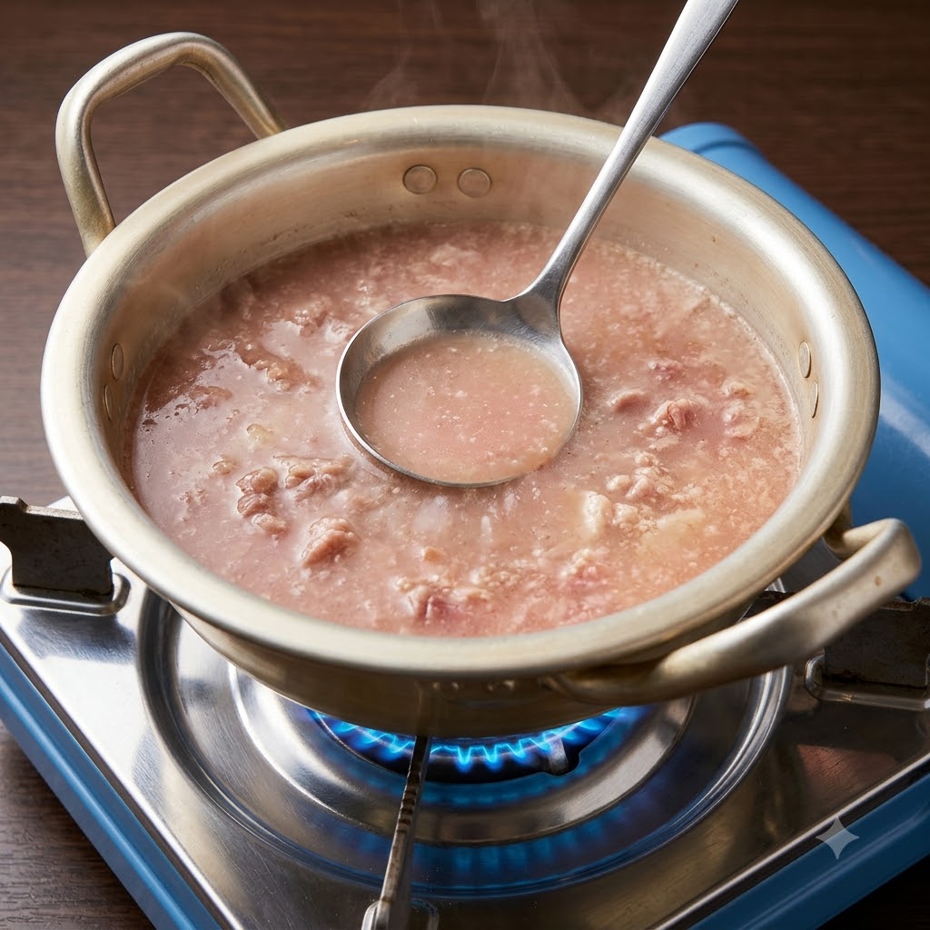 Eine Kelle rührt Sojabohnenpaste und Chilipaste in eine kochende Brühe mit gekochtem Rindfleisch in einem Metalltopf ein.