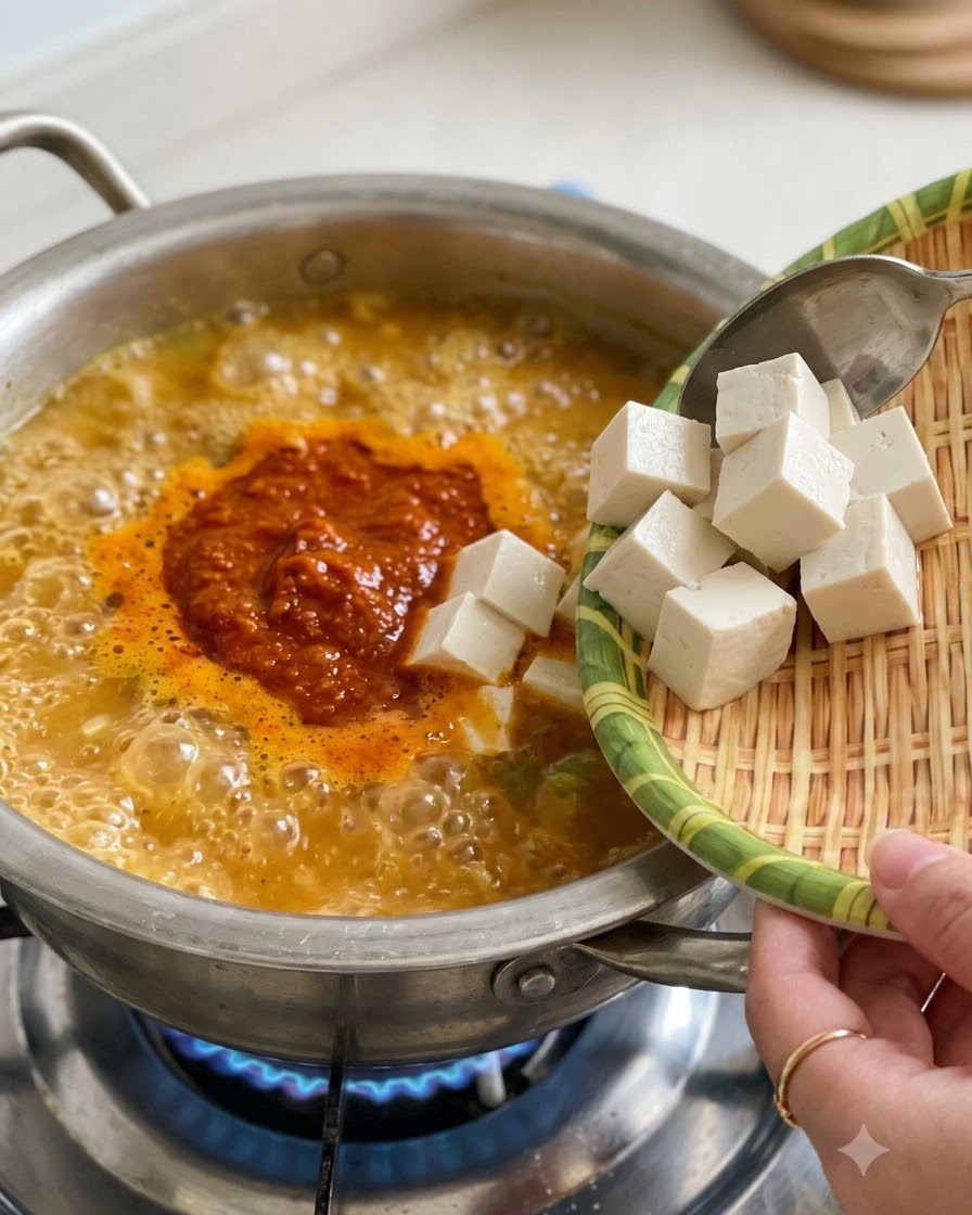 Gewürfelter weißer Tofu wird von einem kleinen geflochtenen Tablett in einen stark kochenden Topf mit koreanischem Sojabohneneintopf geschoben.