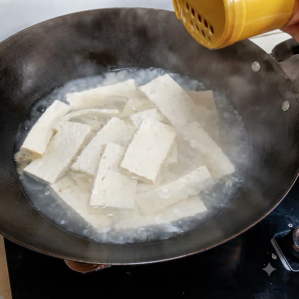 Gewürz wird aus einem gelben Streuer in einen Wok voller kochender Tofustreifen gestreut.