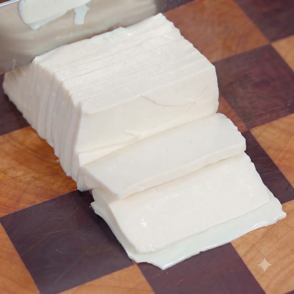 Tofu wird auf einem Holzschneidebrett in feine Streifen geschnitten.