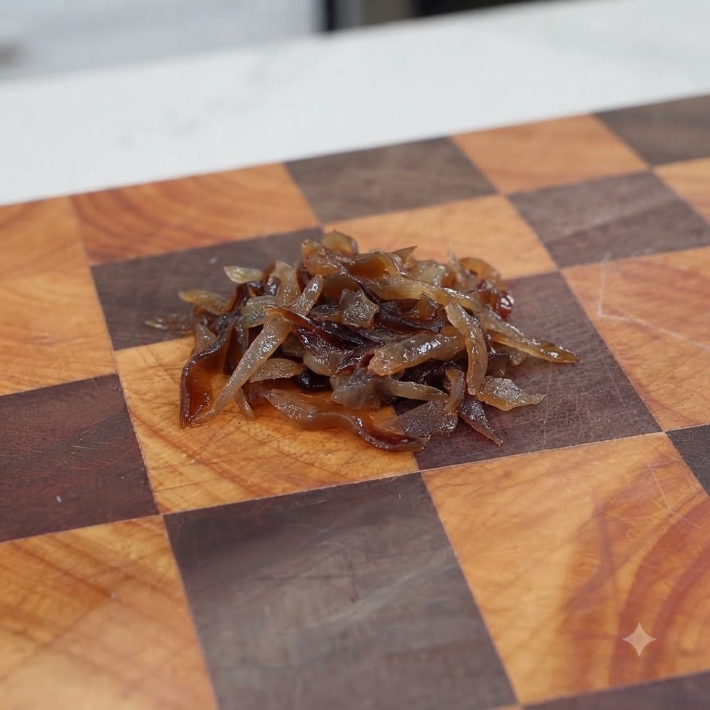 In feine Streifen geschnittene Mu-Err-Pilze auf einem Holzbrett.