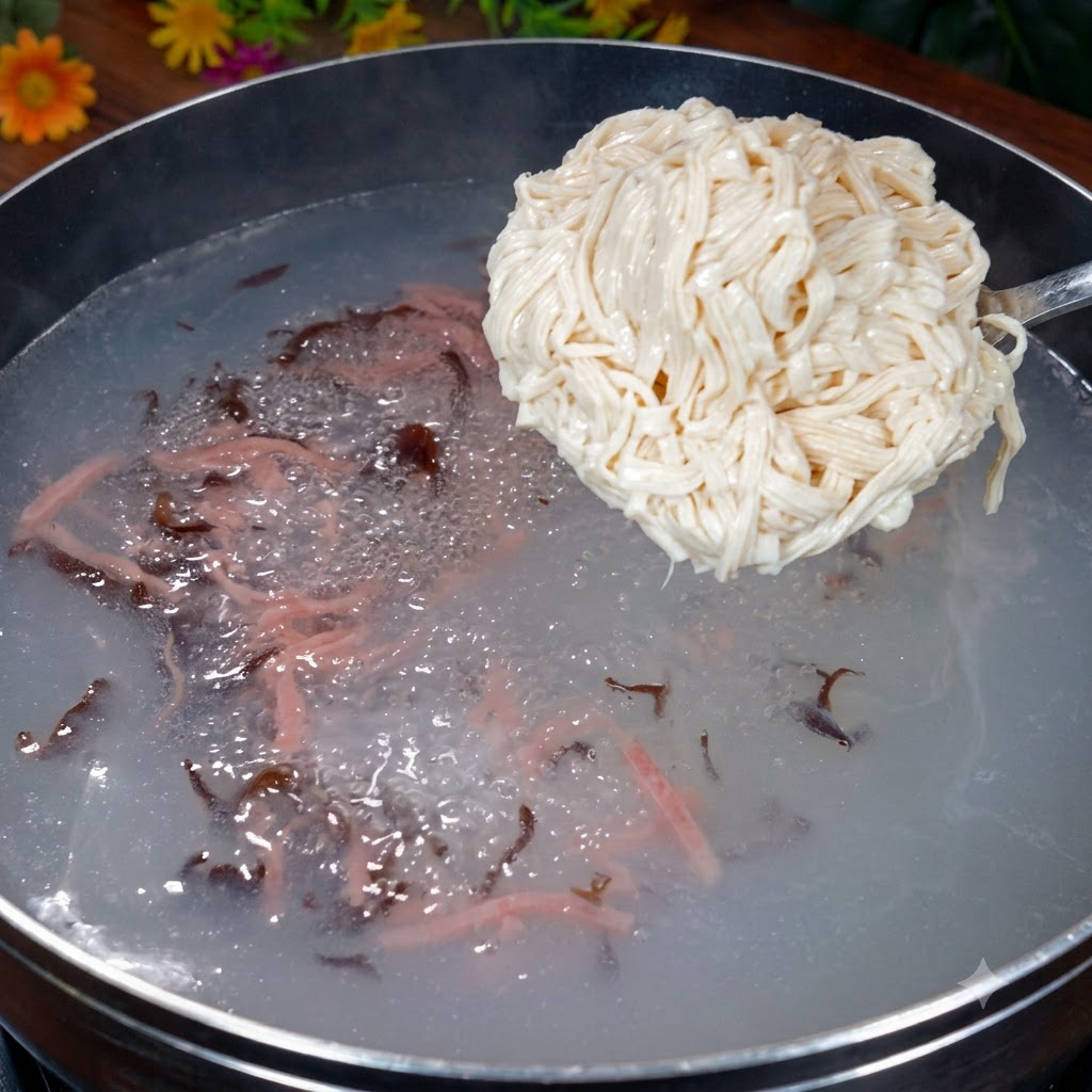 Tofustreifen in einem Topf mit kochender Brühe, die sanft mit einer Kelle umgerührt werden.