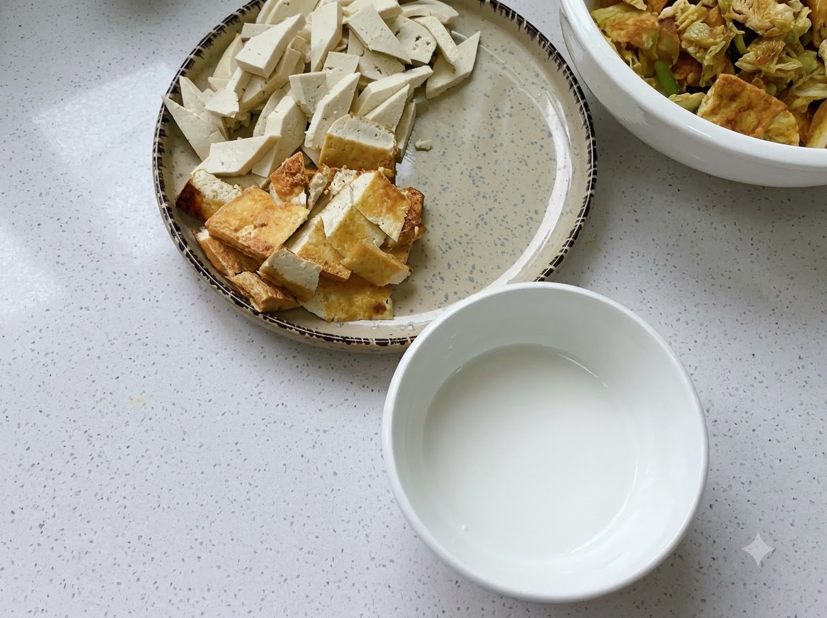 Teller mit geschnittenem normalem Tofu, frittiertem Tofu, Jahrhundert-Ei, Kräutern und einer Schüssel Wasserstärke auf einer Küchenzeile.