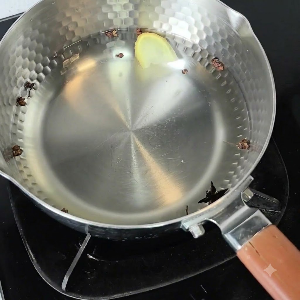 Ein Metalltopf gefüllt mit kaltem Wasser, Szechuanpfeffer, Sternanis und einer Ingwerscheibe auf einer Kochplatte.