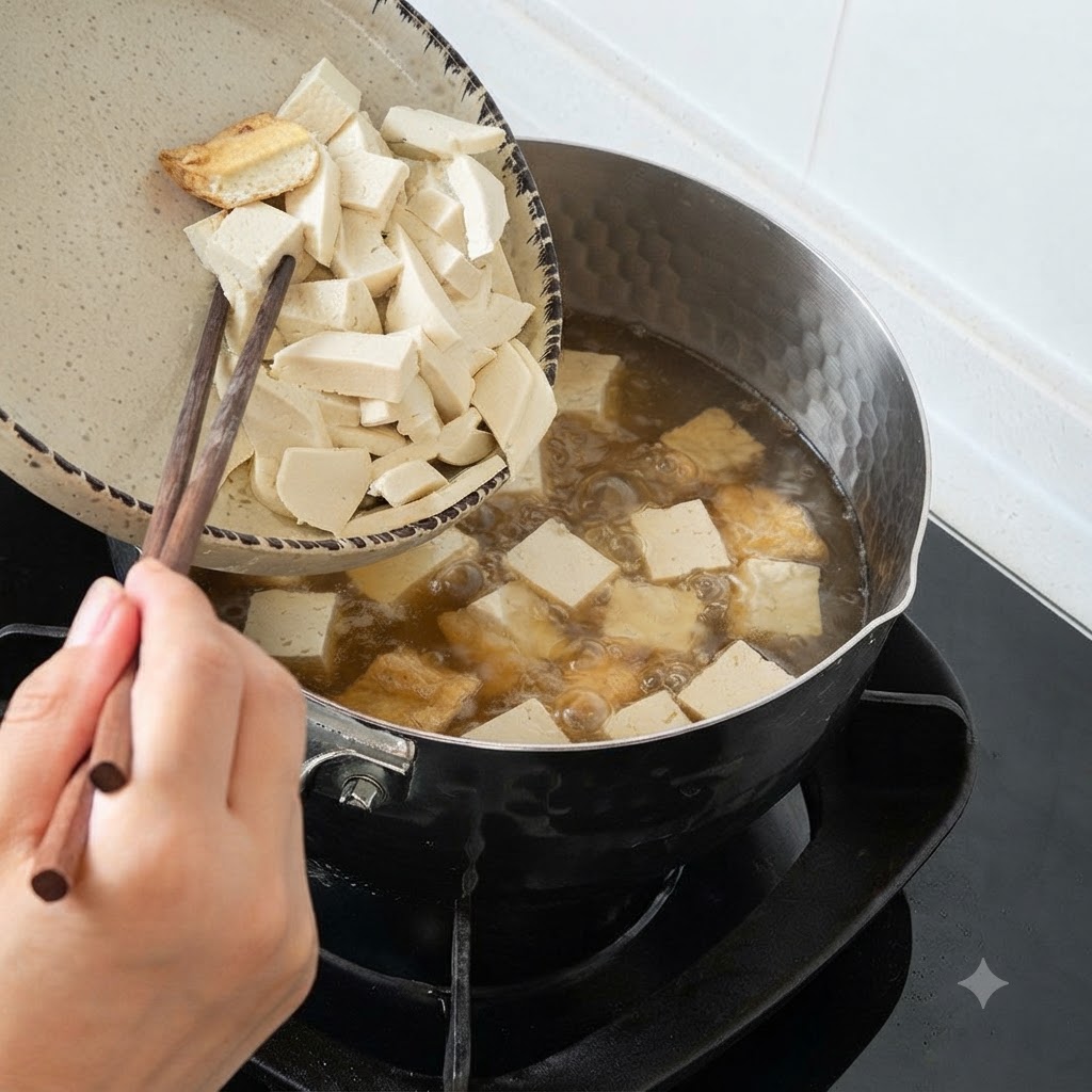 Stäbchen führen geschnittenen Tofu und Judasohren von einem Teller in einen Topf mit kochender Suppe.