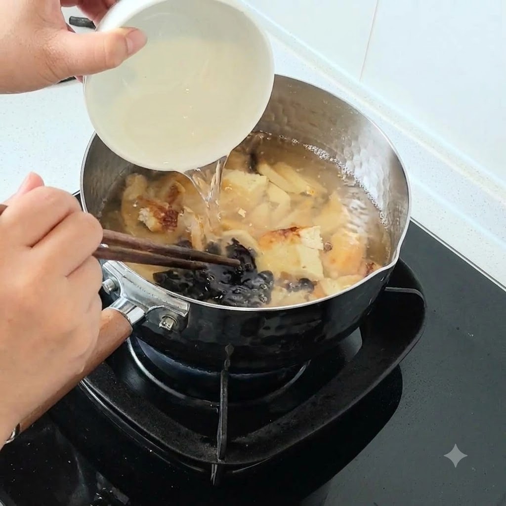 Sojasauce wird aus einer kleinen Schüssel in einen köchelnden Suppentopf mit Tofu und Pilzen gegossen.