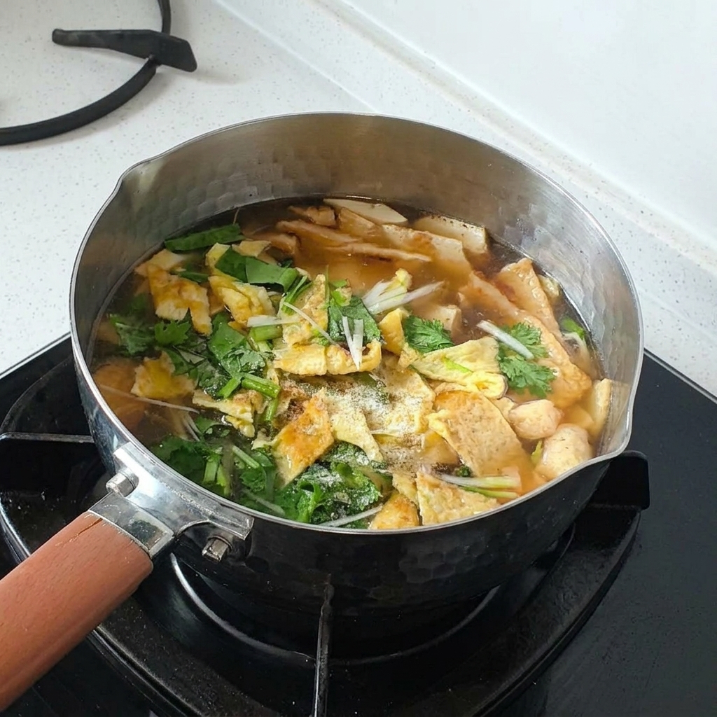 Nahaufnahme des Suppentopfs mit frisch hinzugefügten Kräutern, weißem Pfeffer und Gewürzen an der Oberfläche.