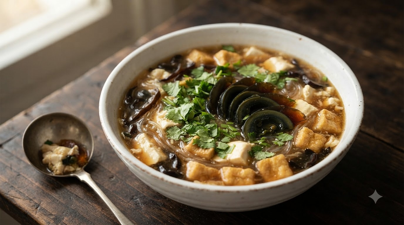 Eine Schüssel hausgemachte Tofu-Suppe, garniert mit frischem Koriander und in Scheiben geschnittenem Jahrhundert-Ei.
