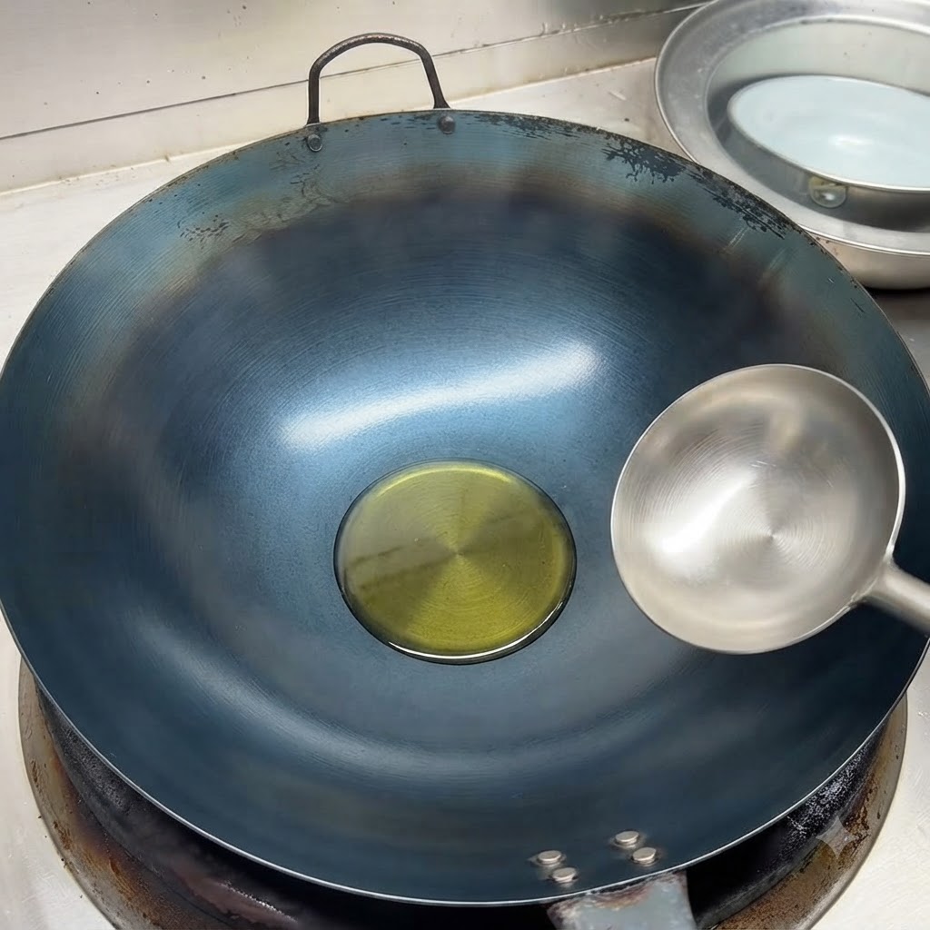 Kaltes Speiseöl sammelt sich in der Mitte eines erhitzten Woks, während eine Edelstahlkelle in der Nähe bereitliegt.