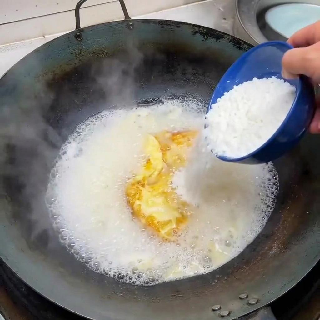 Weiche Tofuwürfel werden aus einer blauen Schüssel in die kochende, milchig-weiße Suppe geschüttet.
