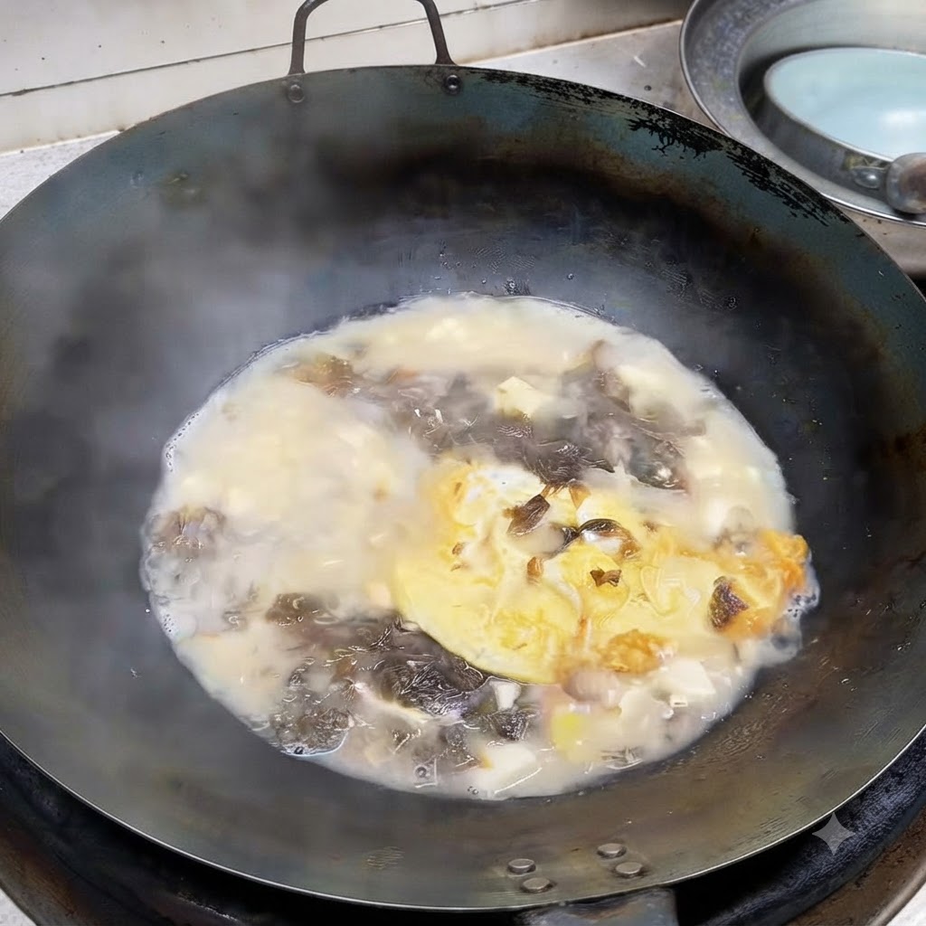 Gehackte Frühlingszwiebeln fallen in einen Wok, der mit blubbernder, milchiger Meeresfrüchte- und Tofusuppe gefüllt ist.
