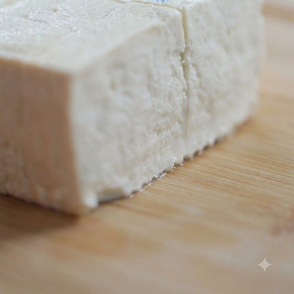 Salzfester Tofu-Block wird auf einem Holzschneidebrett mit einem scharfen Küchenmesser in kleine Würfel geschnitten.