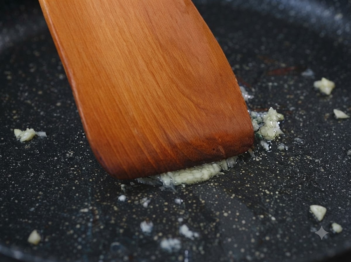 Knoblauch wird in einer Pfanne mit Kartoffel- und Karottenstückchen angebraten.