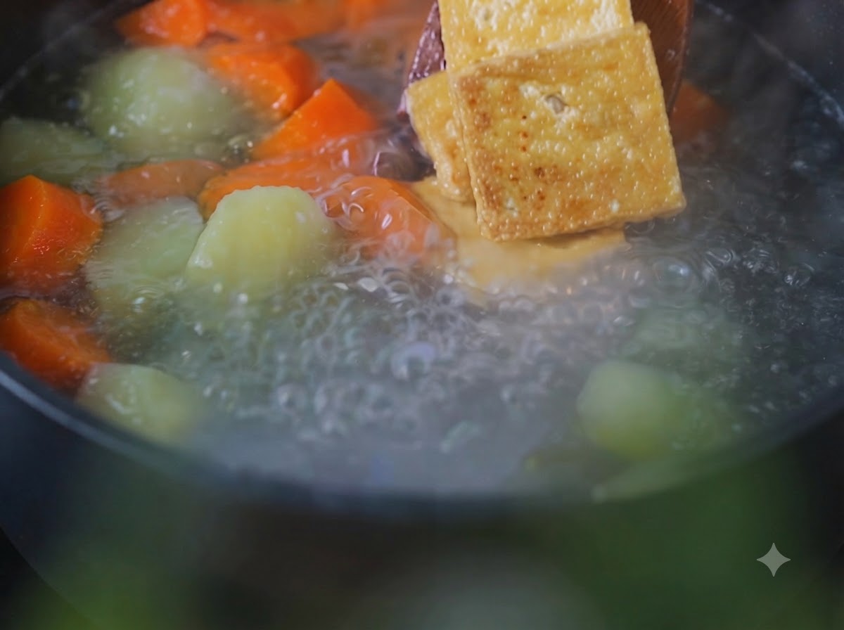 Gebratene Tofustücke werden mit einem Holzspatel in einen kochenden Topf mit Kartoffeln und Karotten gegeben.