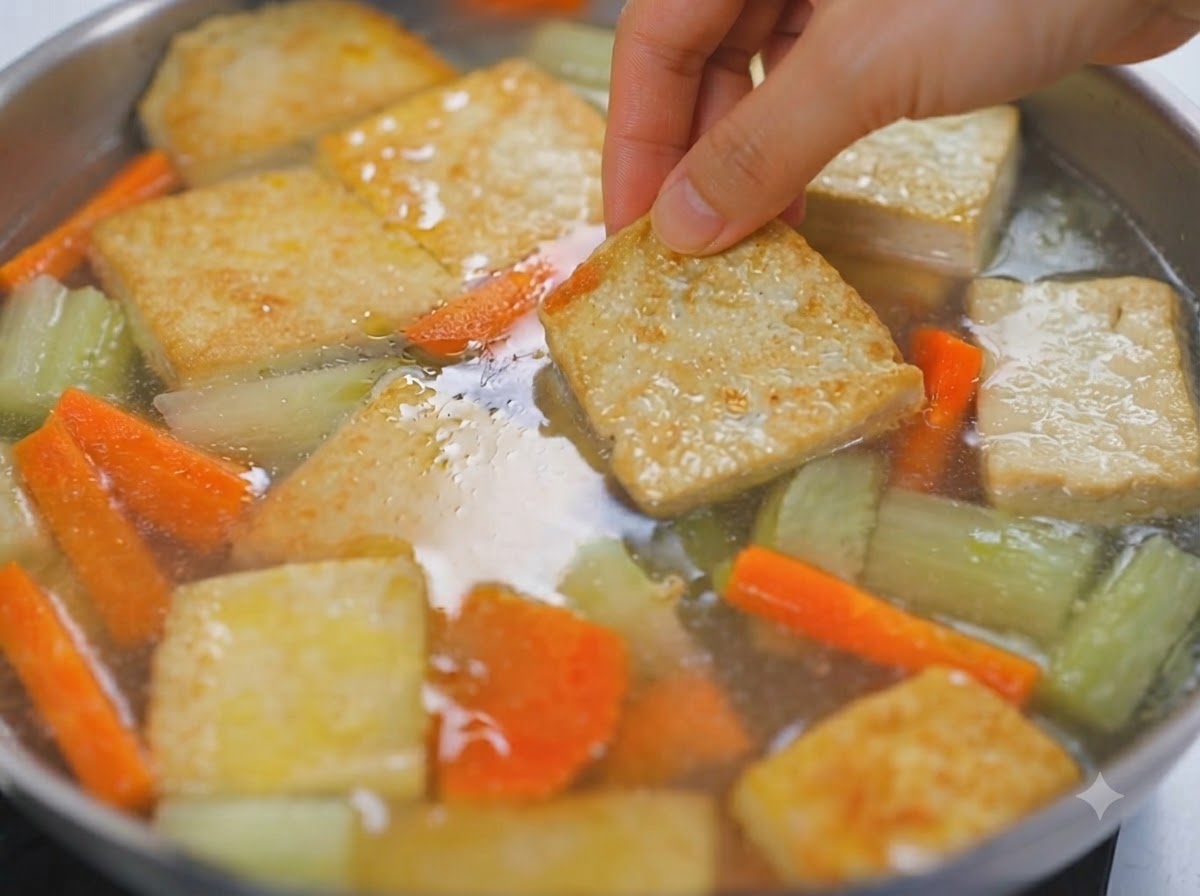 Eine Hand legt ein goldenes Tofustück in einen blubbernden Topf mit Currybrühe und Gemüse.