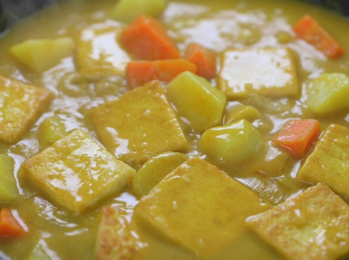 Eine dicke und reichhaltige Currysauce köchelt mit Tofu, Kartoffeln und Karotten in einer Pfanne.