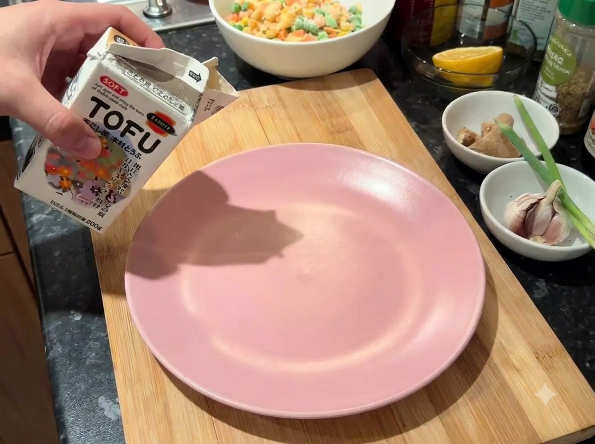 Eine Packung weicher Tofu wird auf einen rosa Teller auf einem Holzschneidebrett entleert.