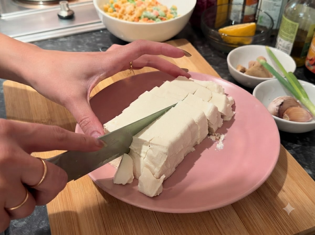 Weicher Tofu wird mit einem Messer auf einem rosa Teller in kleine Würfel geschnitten.