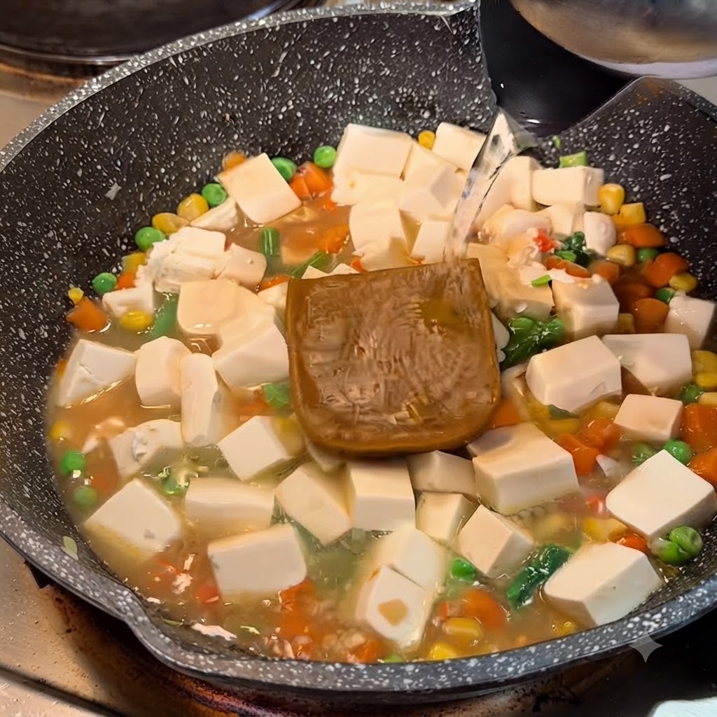Heißes Wasser wird aus einem Wasserkocher in eine Pfanne mit Tofu, Gemüse und einem Block Curry-Roux gegossen.