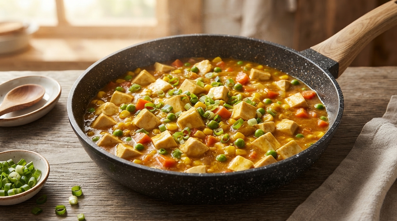 Eine wohltuende Pfanne mit japanischem Curry-Tofu, süßem Mais, Erbsen und Karotten in einer reichhaltigen Sauce.