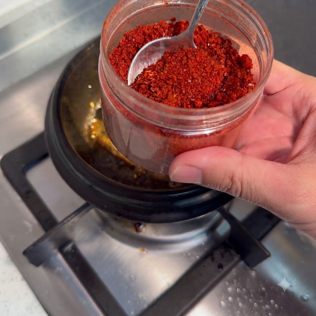 Ein Behälter mit leuchtend rotem Chilipulver und einem Löffel über einem Kochtopf.