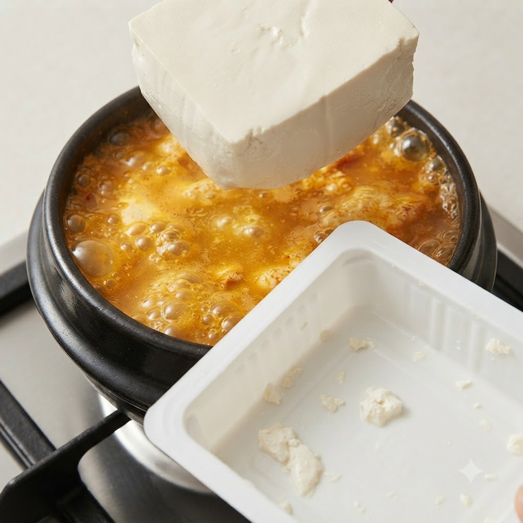 Ein Block Seidentofu wird neben seiner Verpackung in den kochenden Eintopf gegeben.