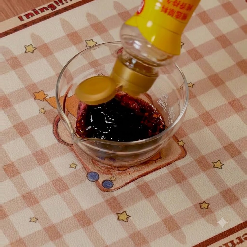 Dunkle Sauce wird in eine kleine Glasschüssel mit koreanischer Chilipaste gegossen.