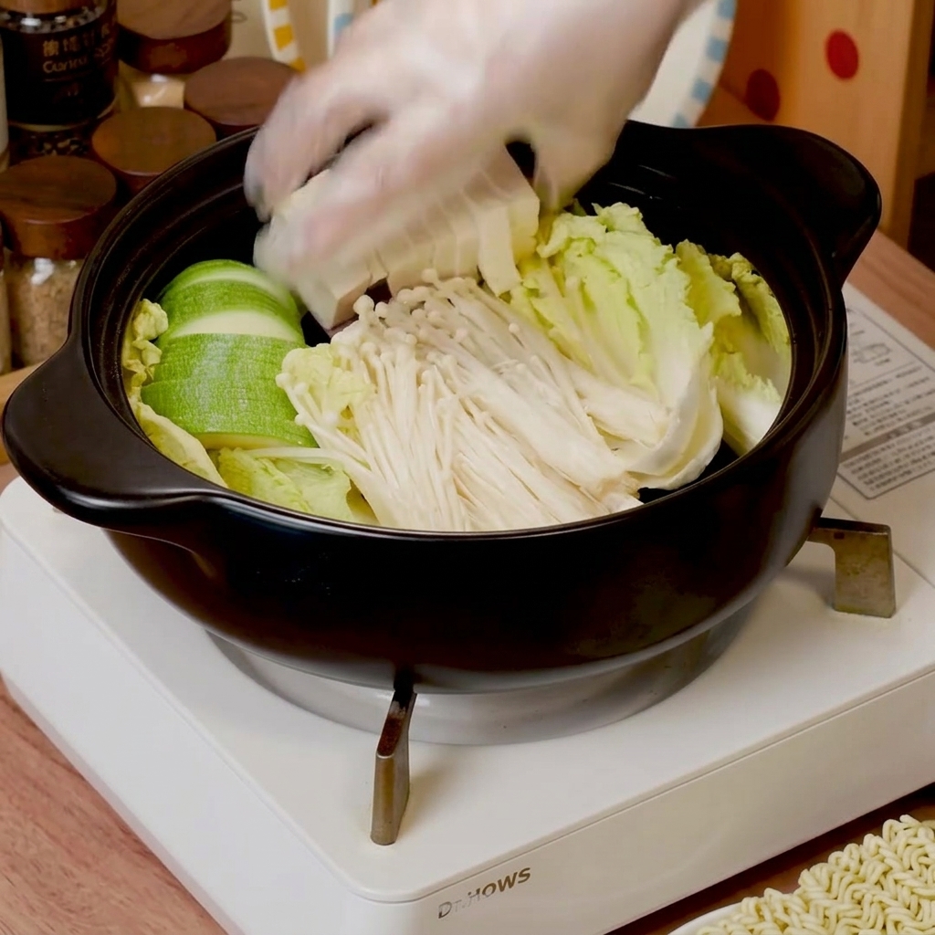 Frischer Baby-Napakohl, Enoki-Pilze, Zucchini und Tofu werden in einem schwarzen Topf geschichtet.
