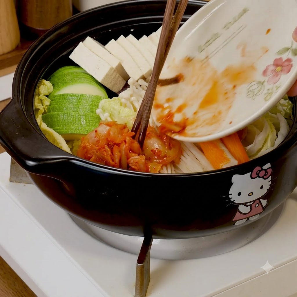 Mit Stäbchen wird gehacktes Kimchi von einem Teller in den mit Zucchini, Tofu, Enoki-Pilzen und Surimi gefüllten Topf gegeben.