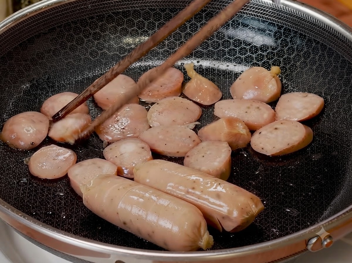 Eingeschnittene und geschnittene Würstchen bräunen in einer Wabenpfanne und werden mit Stäbchen gewendet.