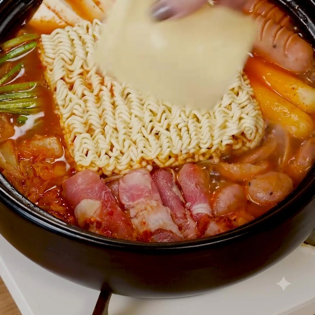 Ein Block Instant-Ramen-Nudeln und eine Käsescheibe werden in die rote Brühe gelegt.