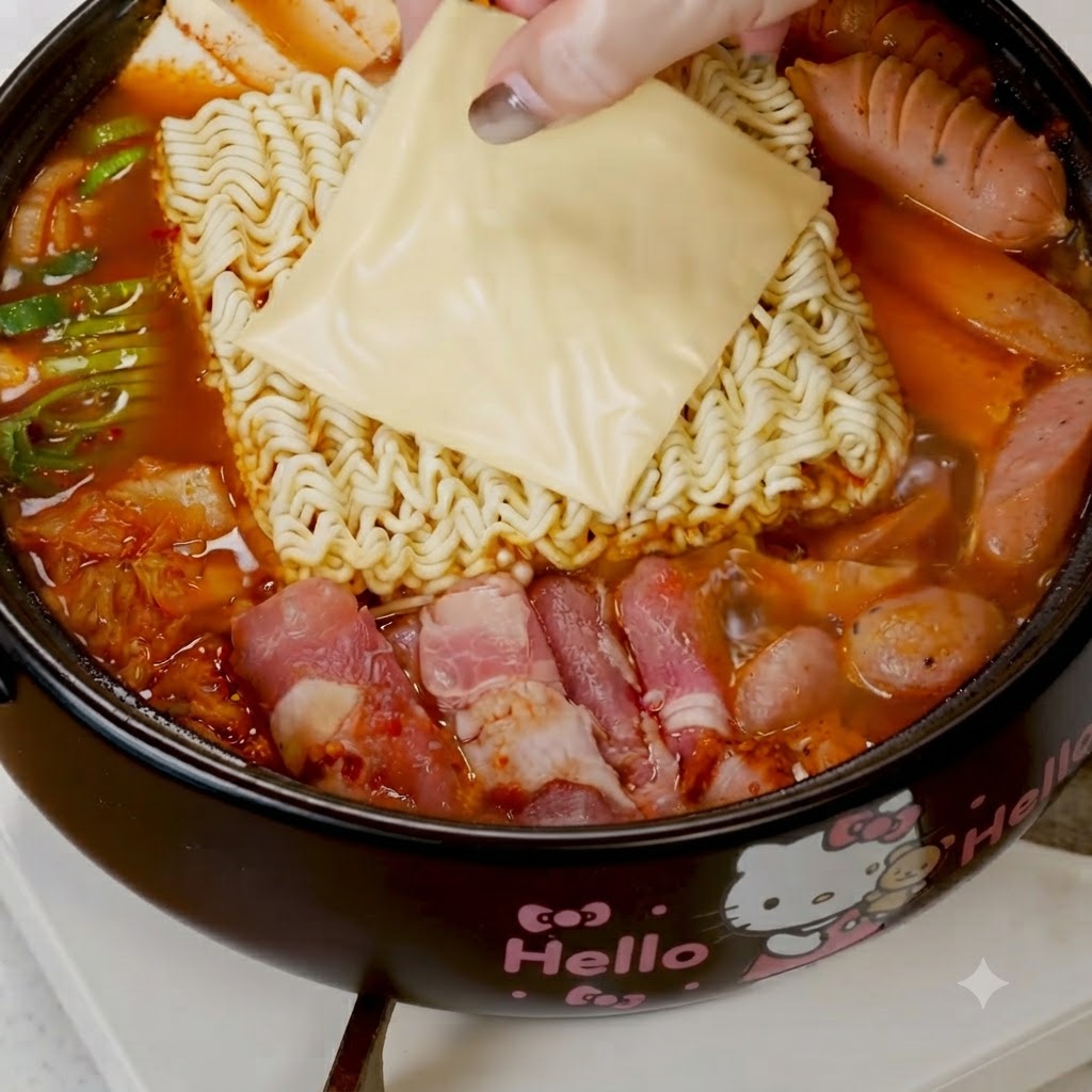 Ein rohes Ei wird auf die Instant-Nudeln und den Käse im Topf geschlagen.