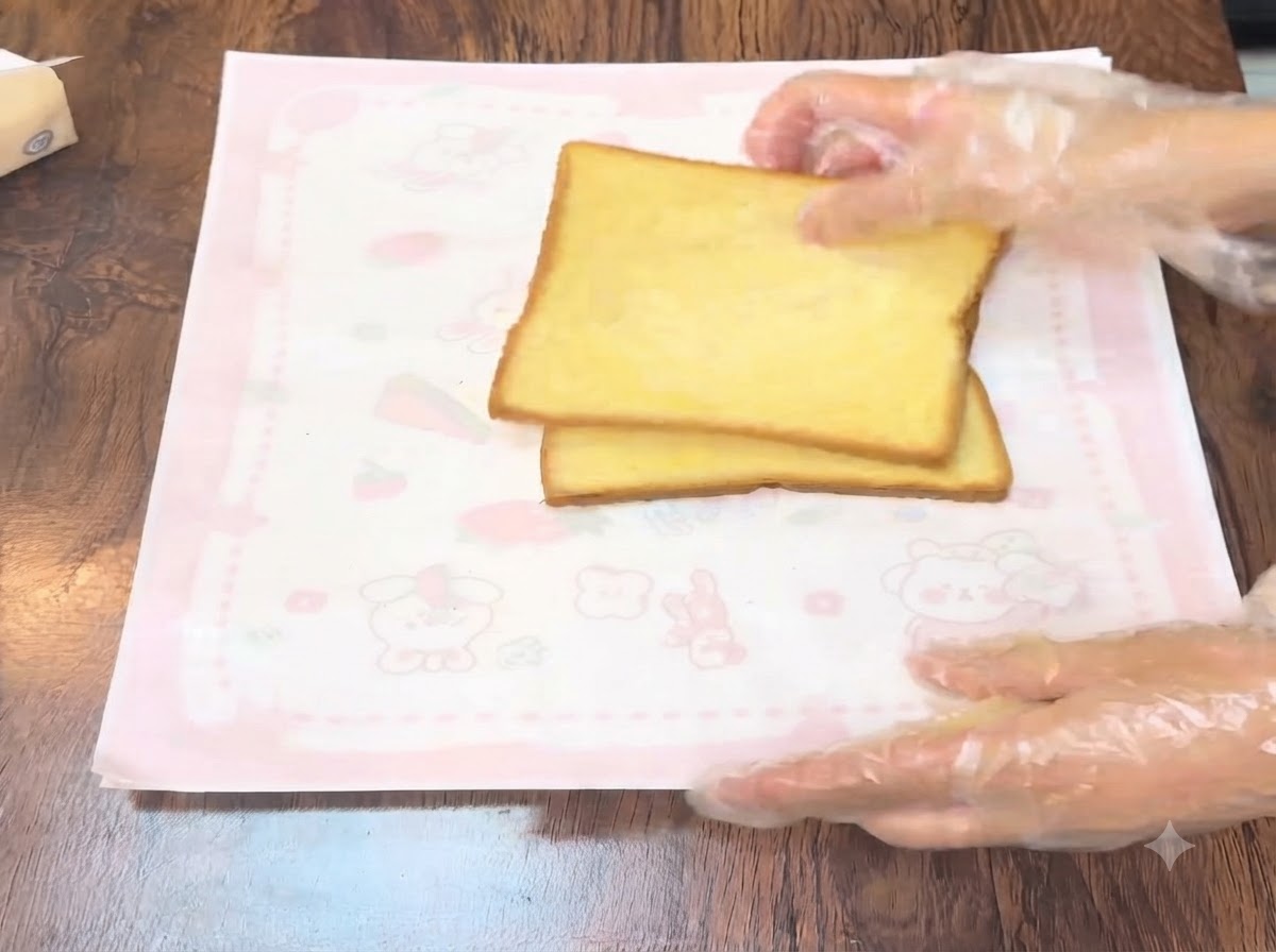 Drei Kürbis-Toastscheiben nebeneinander auf einer rosa gemusterten Matte mit darauf verteiltem Salatdressing.