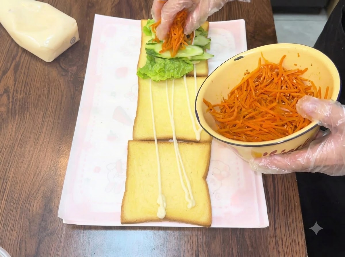 Hinzufügen leuchtend orangefarbener Karottenstreifen aus einer gelben Schüssel auf die Gurkenschicht eines Sandwichs.