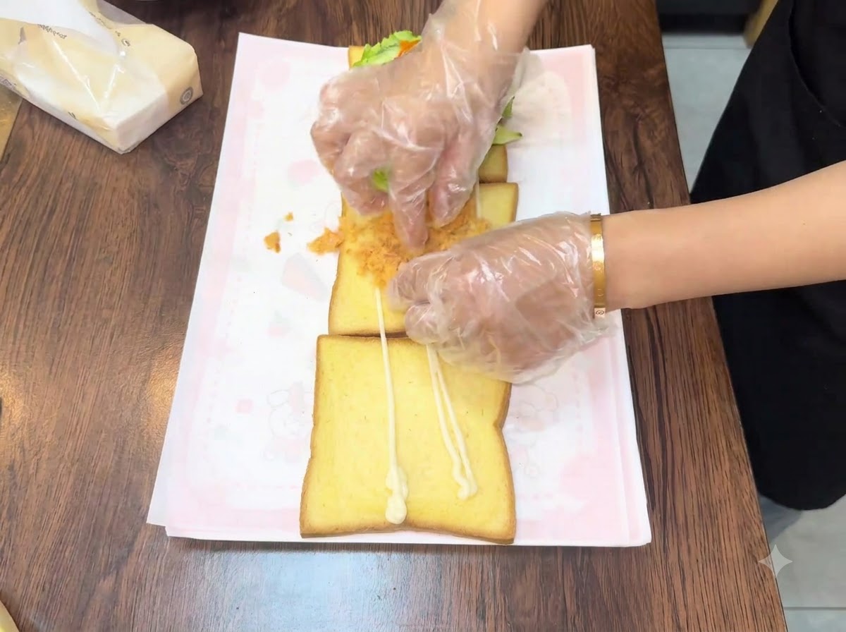 Hände verteilen flauschiges, goldenes Fleischfloss auf der zweiten Brotscheibe.