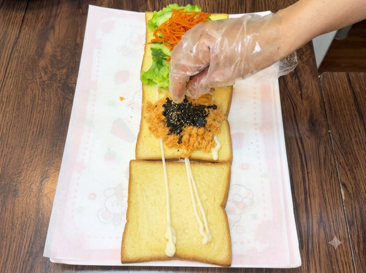 Eine Hand streut dunkle geröstete Algenkrumen und Sesamsamen über eine Fleischfloss-Schicht auf einer Toastscheibe.