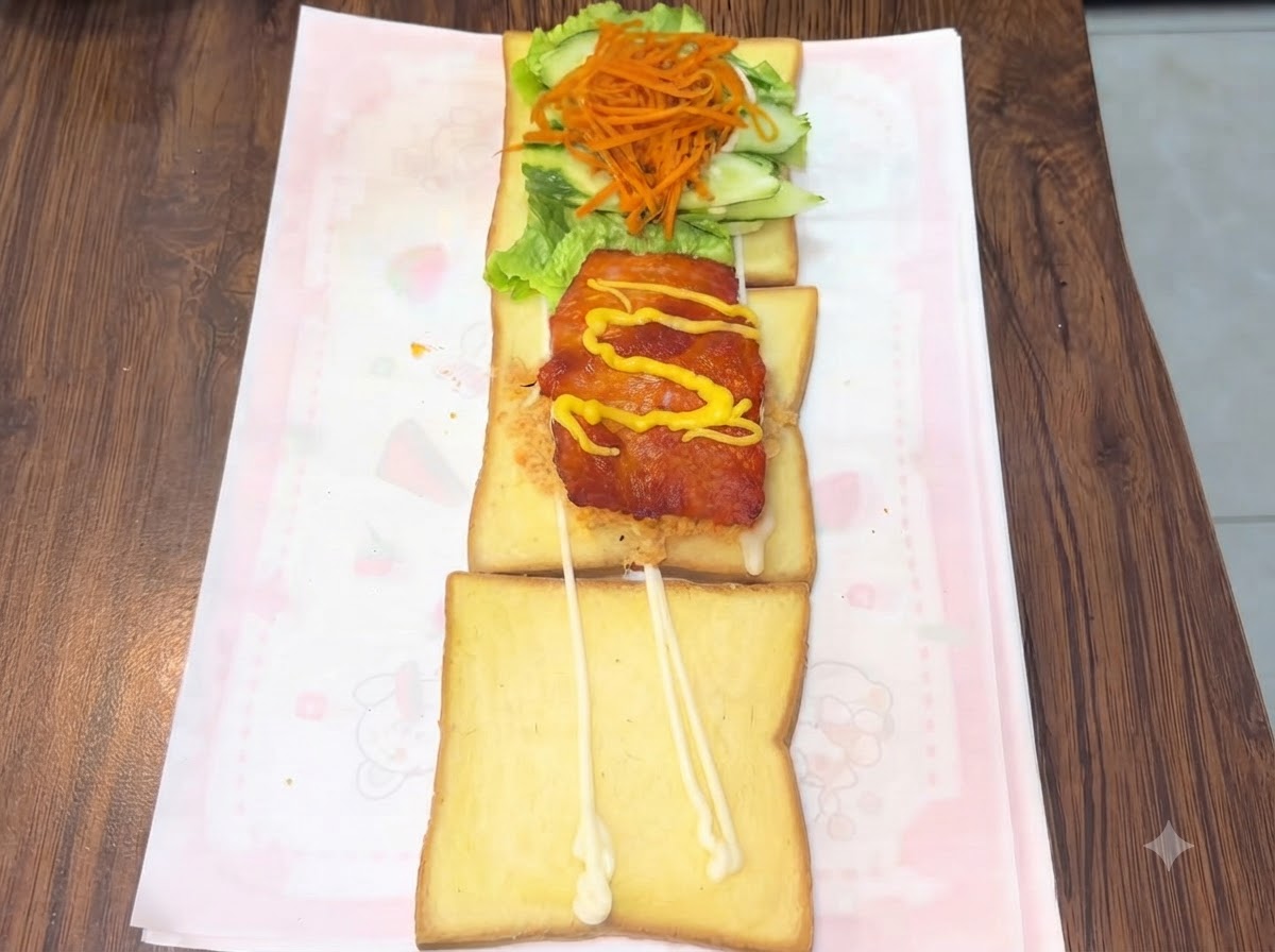 Auftragen von gelber Honig-Senf-Sauce und rotem Ketchup in Zickzacklinien über der Oberseite eines Hähnchenschnitzels.