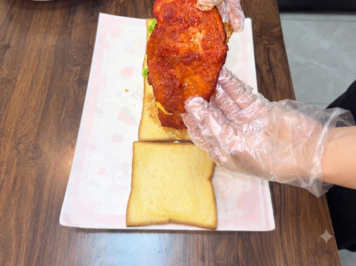 Eine handschuhbekleidete Hand hält ein zweites frittiertes Hähnchenschnitzel über die Sandwich-Schichten und positioniert es.