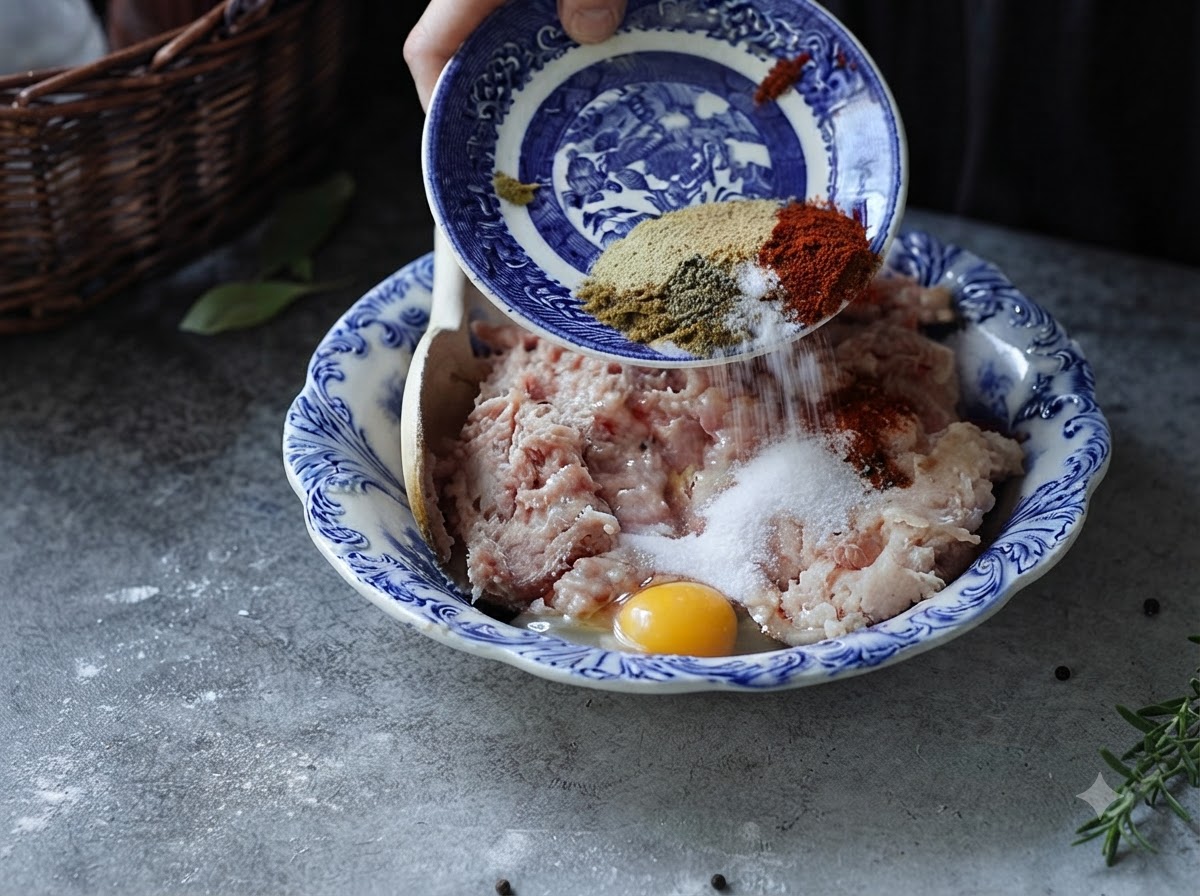 Gewürze und ein aufgeschlagenes Ei werden von einem kleinen Zierteller in eine große Schüssel mit Hähnchenhackfleisch gegossen.