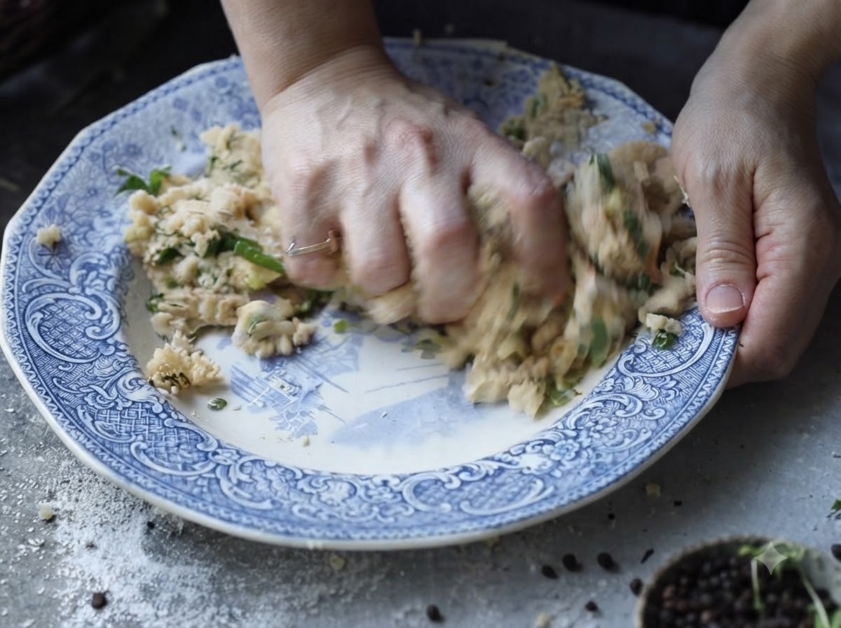 Hände kneten aktiv eine Mischung aus gepressten Kartoffeln und grünen Kräutern in einer gemusterten Keramikschüssel.