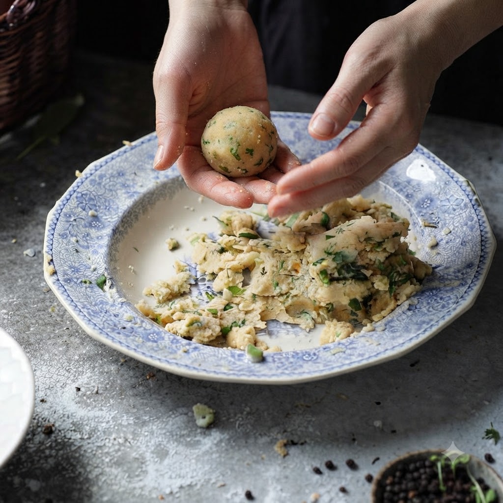 Hände rollen eine gewürzte Kartoffel-Kräuter-Mischung über einem gemusterten Keramikteller zu einer Kugel.