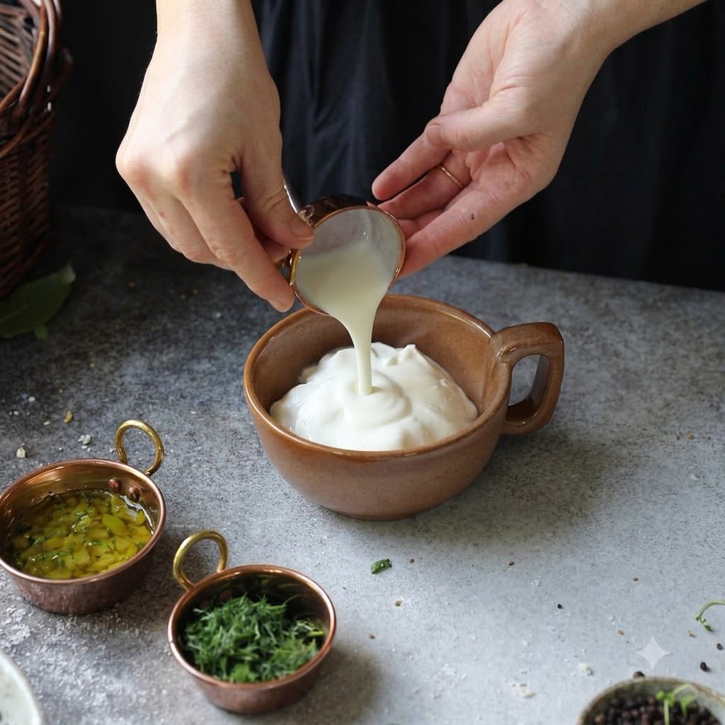 Flüssigkeit wird aus einem kleinen Kupferkrug in Joghurt in einer braunen Keramiktasse gegossen.
